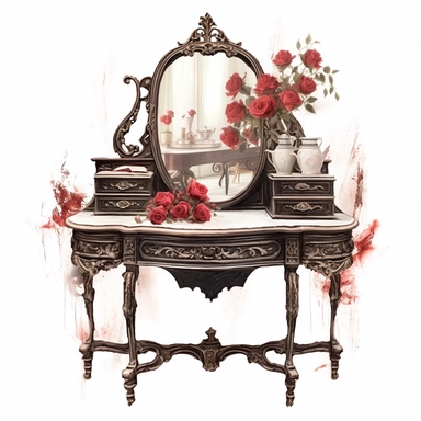 A gracefully weathered Victorian dressing table, its faded mirror reflecting memories of past beautification rituals. The worn woodwork exudes vintage charm, and an abundance of vibrant red roses adorns the table, adding a touch of floral beauty to every primping session. White background, clipart, watercolor, intricate detail