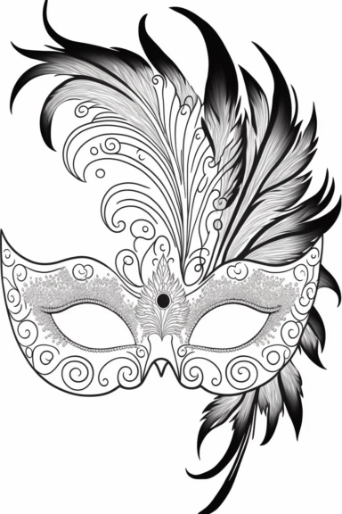 an outlined cute Mardi Gras Mask with cute feathers and cute sequins, Coloring Book for toddlers, white background, black and white, [clip art]