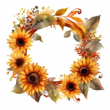 Watercolor Sunflowers round frame with number 1 inside Clipart