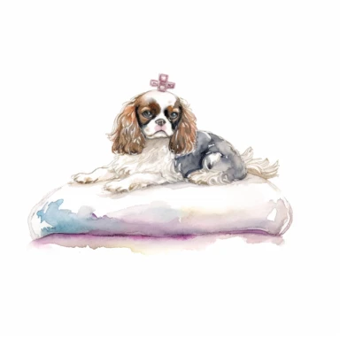 Serene Cavalier King Charles Spaniel lounging on a plush cushion, wearing a dainty collar with a sparkling gem, emanating an air of elegance and sophistication, white background, watercolor clipart.