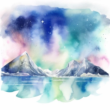A frozen landscape with snow-capped mountains, icy lakes, and shimmering auroras dancing in the sky. in Aquarel style, clipart, White background, q2 Niji 5