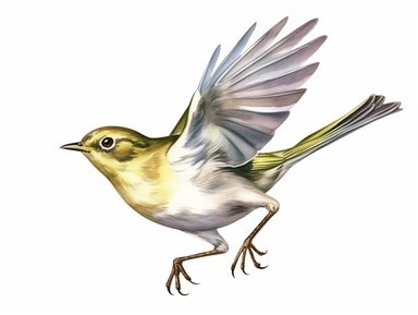 Wood warbler flying Watercolor isolated on white background, Watercolor Clipart painting, high quality, HD, children's book illustrations, realistic lifelike figures, white background