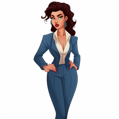 full body perspective 2d disney clipart illustration of a pretty business woman, thick-outlined, white background