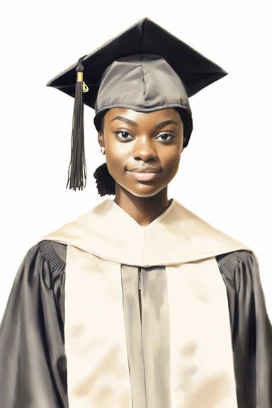 realistic watercolor drawing of dark skinned woman wearing a black and white cap and gown on graduation day clipart, front view, in style of Michiel van Huysum, subtle faded color variations, hyper-detailed hd clipart, on white background, spaced out