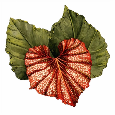 Clipart, Polka Dot Begonia's, also known as Begonia Maculata Leaf, tropical botanical plant from Brazil, with large angel wing shaped leaves, in a vibrant olive green color, deep red undersides and polka dot finishes on top. It has silver spots on its surface and a crimson reddish underside