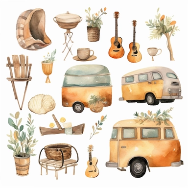 Watercolor boho camping illustrations clipart set, simple, soft colors, cartoon elements, different variants, cute little boy, campervan, camping related items, pots, bonfire, firepit , logs separate elements with a margin