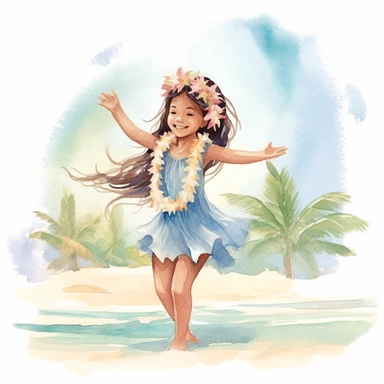 watercolour, beautiful soft colours, tropical island setting, showcase an adorable little Hawaiian girl doing the hula on the beach with her family, she feeling is happy, celebration, they are all wearing flowers in their hair, beautiful clipart style