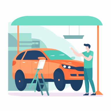 vector design, mechanic repairing car in garage, flat modern illustration, clipart, very simple picture, white background, soft gradient transition, in the style of warm color palette, natural pastel colors, in red-orange, blue-green, pale green colors, object portraiture specialist, uniformly staged images, animated illustrations