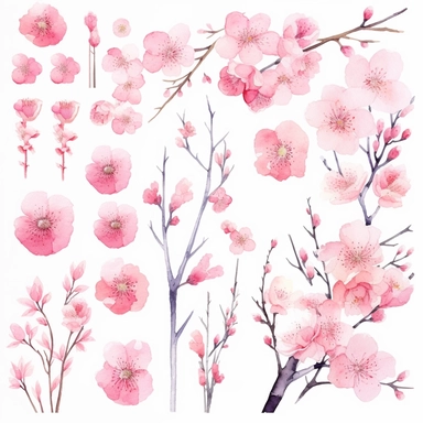 Immerse yourself in the beauty of a cherry blossom landscape with this captivating clipart collection. The set features watercolor sakura blossom PNG images, each delicately painted to capture the ethereal nature of these iconic flowers. The pink floral elements can be used to enhance various designs, including wedding invitations, baby shower announcements, and more. The graceful sakura blossoms exude a sense of romance and tranquility, creating a whimsical atmosphere. Let the soft pink petals 