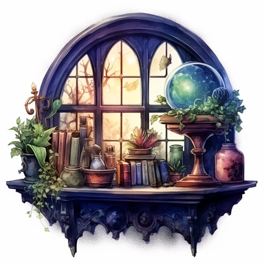 Magical style wizard's magic attic corner with watercolor effect, suitable for digital clipart, full of old magic tools, cabinet full of magical plants, magic glass globe, a gothic style window with night landscape, white background, magical scene, fairy dark colours, green, blue, purple, gothic details