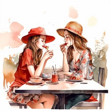 watercolor, hyper realistic, white background, white margins, 16k, ultra detailed clipart, cut out image, hand-drawn illustration style for picture books 2 girls with warm red tones, enjoying a meal together at a bistro table, disney style