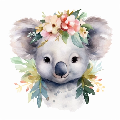 an enchanting watercolor clipart image with a white background, featuring a baby koala with a blissful smile on its face, its fluffy ears and contented expression exuding a sense of tranquility and happiness.