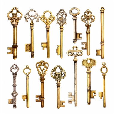 assorted gold keys inspired by Harry Potter watercolor illustration, design elements isolated on white background, vintage clip art - Image #4 <@1098423716465102849> - <@1098423716465102849> (31%) (relaxed)