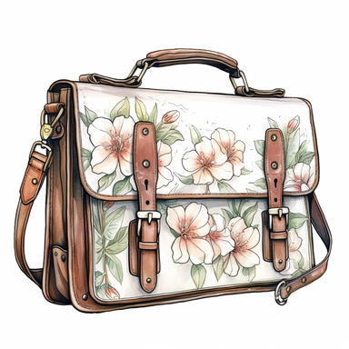 hand drawn , watercolor, hyper realistic, white background, white margins, 16k, ultra detailed clipart, cut out image, hand-drawn, ultra HD, sharp and clean art a vintage computer bag, adorned with delicate floral , capturing the romantic and feminine aesthetics often associated with vintage fashion and travel. earthy brown pastel and light pink pastel