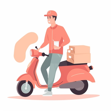 vector design, moped food delivery man, flat modern illustration, clipart, very simple picture, white background, soft gradient transition, in the style of warm color palette, natural pastel colors, object portraiture specialist, uniformly staged images, animated illustrations