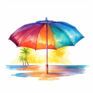 Create a vibrant watercolor illustration of a bright sun with rays and a colorful beach umbrella. This clip art can be used to represent a sunny summer day at the beach,8k