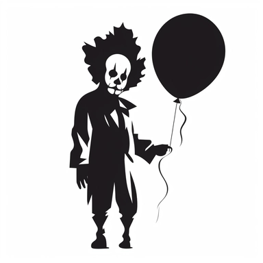 black and white silhouette of a scary cartoon halloween clown, clipart style, white background, thick lines, vector, simple design, flat colour, solid colour, halloweencore