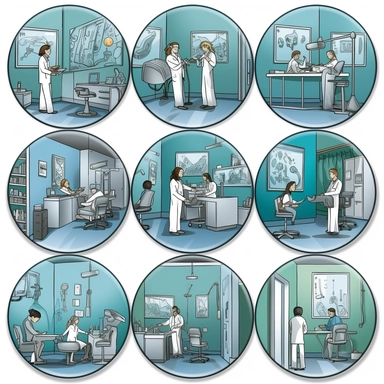Design 40 individual circular 3D high-definition images for a Medical office specializing in internal medicine. Place related nurse and doctor related clipart inside each circular image.The art inside the images should embody the healthcare industry,e,l doctors and nueses concept and have a simple, elegant style. Use abstract images, to represent the medical field concept. Opt for a minimalist color scheme with shades of blue, green, gray, or burnt orange, conveying a professional and reliable m