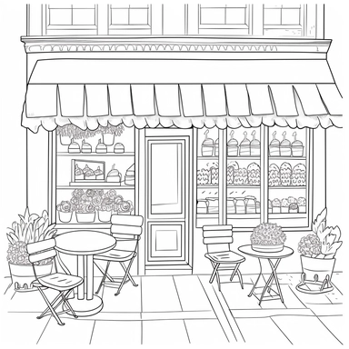 coloring book page, bakery windows,clipart,image of cute bakery,coffee shop,simple and cute,tree on side,bench infront,with awning,for watercolor painting,clean and simple line art for decorative painting