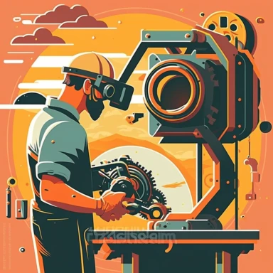 vr headset, virtual reality, industrial worker, poster, learning in vr gogle, repairing machine, simplistic, abstract, vector, 2d illustration, clipart, few colors, industrial, hi-tech