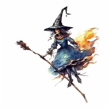 watercolor style, Witch on the broomstick: A long, slender broomstick associated with witches and their transportation. clipart, isolated on white background, 4K