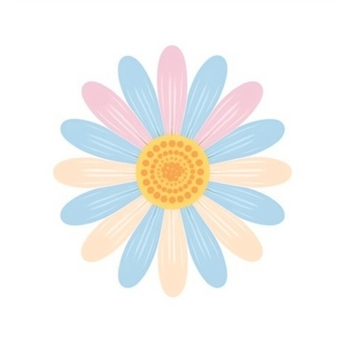 Soft pastel daisy clipart against a clean white background. The illustration features a charming daisy with gentle pastel petals and a sunny yellow center. The color palette includes soft shades of pink, yellow, and blue. The white background creates a contemporary and minimalistic look, allowing the daisy to exude its soft and delicate beauty. The lighting is soft and even, accentuating the flower's simplicity and creating a sense of warmth. The atmosphere exudes a feeling of tranquility and na