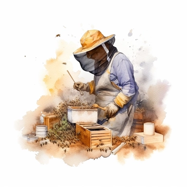 watercolor, A dynamic illustration of a beekeeper working with a smoker, releasing puffs of smoke around the beehive to calm the bees, with a hive tool and gloves visible nearby. (Digital drawing clipart, image black border color, full body, flat texture, transparent background)