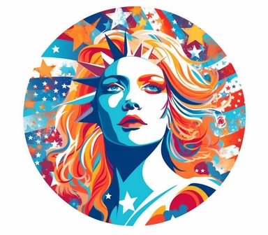 Create a bold and eye-catching clip art that showcases Freedom in patriotic colors, emphasizing the spirit of independence and liberty, white background, in the style of psychedelic -