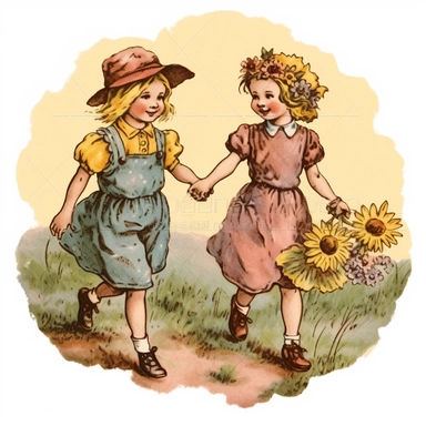 two little country girls from the early 20th century, holding hands running together along a path that has sunflowers and lavender and wildflowers growing nearby watercolor clipart no fonts no letters no words