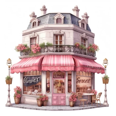 Lovely pink French cafe with a vintage-inspired charm. The exterior is adorned with pink floral accents and classic French signage. Inside, the cafe offers a cozy and nostalgic ambiance. Clipart, solid white background, Ultra-detailed, hyper-realistic, intricate detail