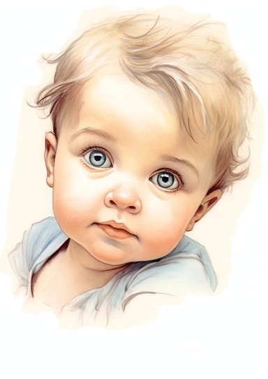 a cute retro vintage infant baby boy. close-up of his beautiful face. Color pencil sketch, soft baby colors, on a white background for clipart.