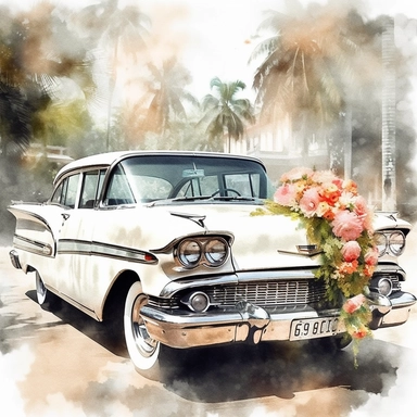 Romantic photo-realistic watercolor car, retro style, vintage, white color, Cuban style, wedding flowers, illustration, vintage, translucent, multi-layered, bright colors, fashion photography, watercolor clipart - - no watermarks, no text