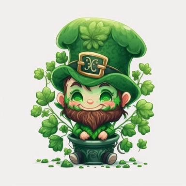 cute good mood dwarf smile wearing a green top hat St Patrick Day, clovers background, illustration, watercolor, chibi, 2d, icon, clipart, white background