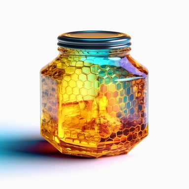 a clipart of a honey jar with a honeycomb attached to the side. You can show honey dripping from the comb into the jar, white background, holographic, futuristic, transparent details, chromatic aberration, colorized, diffraction grading , 4k, 8k, highly detailed, neon pastel color palette, retrofuturpunk, scattering, black and white balance, editorial photography, moody lighting, shaders, looks like professional hdr photography in fashion magazine, lumen reflections