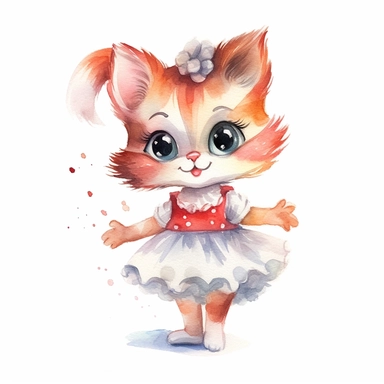 children book illustration. cartoon cute baby cat in tutus. Watercolor clipart. Pixar animation