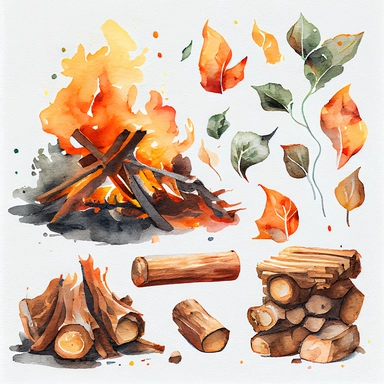burning firewood Watercolor Clipart, details