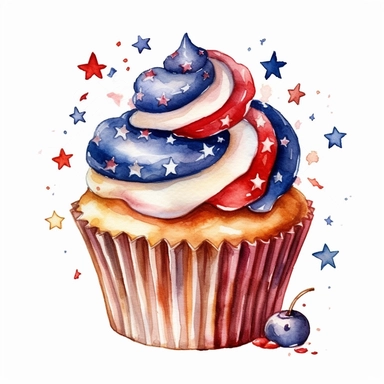 watercolor American flags cupcake, cartoon sticker, clipart, white background, hd, 32k