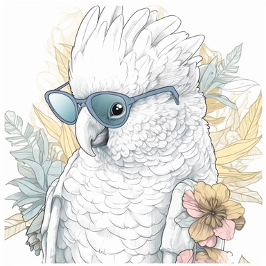 kawaii adorable cockatoo wearing cute glasses, nursery art, clipart image, line art image, white background, inspired by yoshitaka amano art, very detailed, 8k