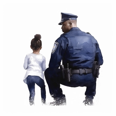 Police officer Black Dad Sitting With Daughter Back View Full body Watercolor Sublimation Clipart, Cartoon, hyper realistic, intricate detail, illustration style, high solution, on the white background