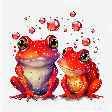 two funny red rubby with diamond shine color, magic frog with funny dots, cartoon style, white background, black outside lines, designs, white background, watercolor pencil drawing, small details, digital art, clipart, super acurate, –testp, pixar,