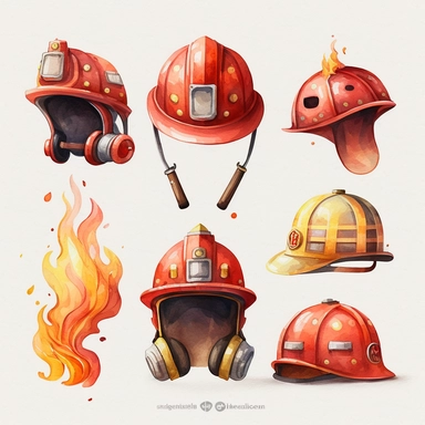 watercolor clipart of a cute red fireman helmet , different lateral standing poses, cute cartoon vehicle, pastel