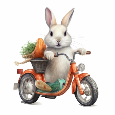 baby bunny driving motor bike, in basket there are some carrots, clipart, watercolor style, ultra hd detailed, high quality, white background, hyperrealistic, hyperrealism, hyperdetailed