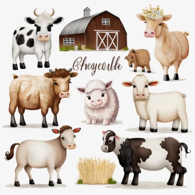 Farm Animals Clipart Set, Barn, Farmyard Animals, Sheep, Cow, Horse, Chicken, Farm Animals PNG, Cute Farm Animals, Tractor, Sublimation with white background and without letters