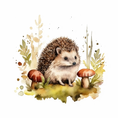 Woodland hedgehog watercolor clipart, white background