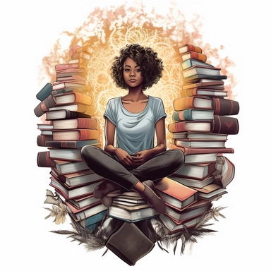 Create a captivating clipart illustration that depicts a beautiful black woman with a stylish short haircut, completely immersed in the enchanting world of books. With a serene expression on her face, she sits comfortably in a cozy chair, surrounded by a stack of books that stretches towards the sky.