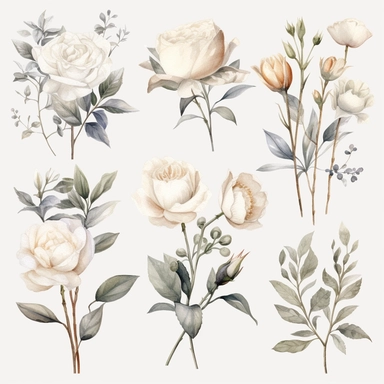 Watercolor Elegant Neutral Colors whites, creams and grays Bohemian Roses, Floral Clipart, Bohemian Wild Flowers, Bohemian Roses Watercolor, 8k