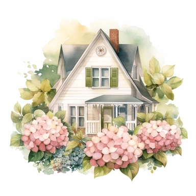 Hydrangea Haven House - This watercolor clipart from the Whimsical Botanical Dwellings collection features a delightful haven composed of clusters of Peony Blush hydrangeas and Fern Green leaves. This cozy abode, with its soft pastel colors and detailed design, stands out beautifully from the white background.