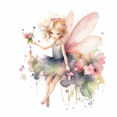 Craft a watercolor clipart image that portrays a realistic little fairy. Employ a meticulous technique, blending soft hues and subtle textures to achieve a lifelike appearance. Picture the fairy with ethereal wings, dressed in a graceful ensemble inspired by nature. Place her amidst a picturesque setting, featuring dainty flowers, gentle sunlight filtering through the leaves, and a touch of sparkling fairy dust.