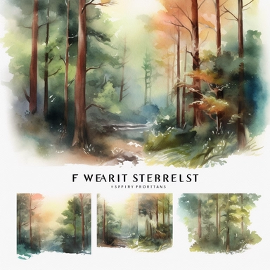 Create a captivating collection of ultra-detailed watercolor forest landscapes, perfect for adding a touch of natural beauty to your projects. Each landscape should depict the serene and enchanting atmosphere of a forest, with towering trees, lush foliage, and meandering paths. Utilize the watercolor technique to infuse the illustrations with soft and organic textures, capturing the vibrant colors and delicate nuances of the forest. These landscapes can be used as backgrounds or digital papers f