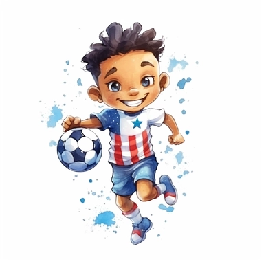 cute Watercolor cartoon happy team USA soccer player, clipart, white background